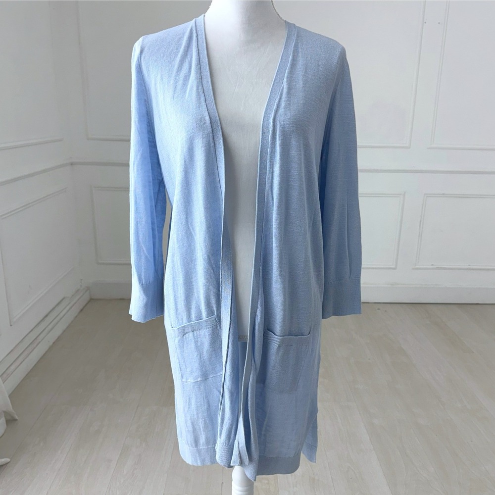 Dress Barn Jones Studio Cardigan Women Medium Light Blue Open Front Long Sweater